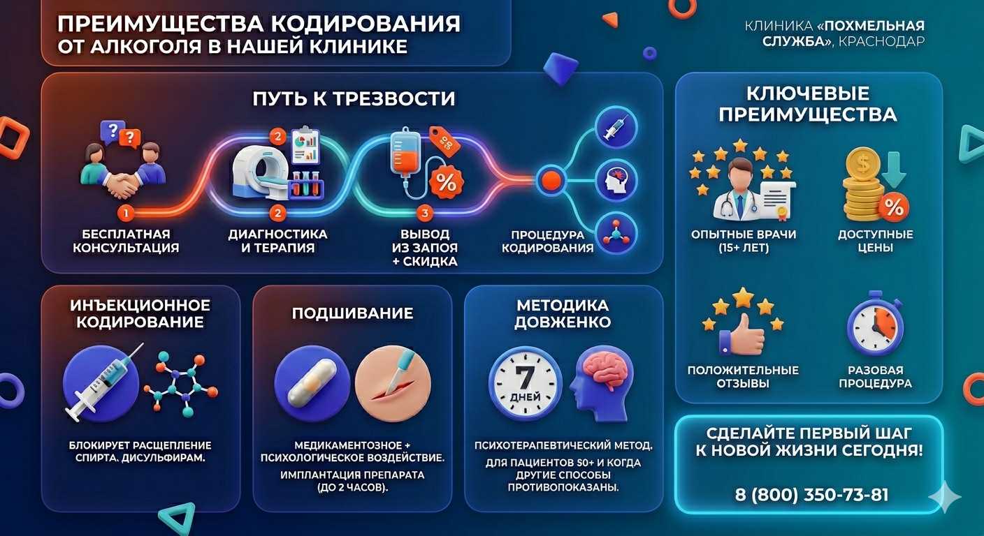 Инфографика о методах кодирования от алкоголя в Первомайске: инъекции, подшивание, метод Довженко. Преимущества клиники и этапы лечения.